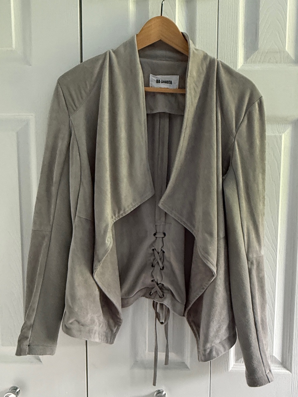BB Dakota Gray Suede-Look Draped Jacket with Lace-Up Back